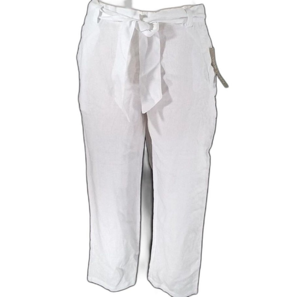 NWT Peck & Peck Pant XL 100%‎ Linen White Cropped Belt Pocket Straight Leg